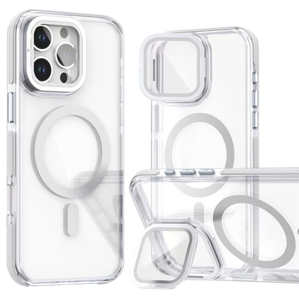 For iPhone 16 Pro Max Case Compatible with MagSafe TPU Acrylic Clear Phone Cover with Lens Cover Kickstand - White