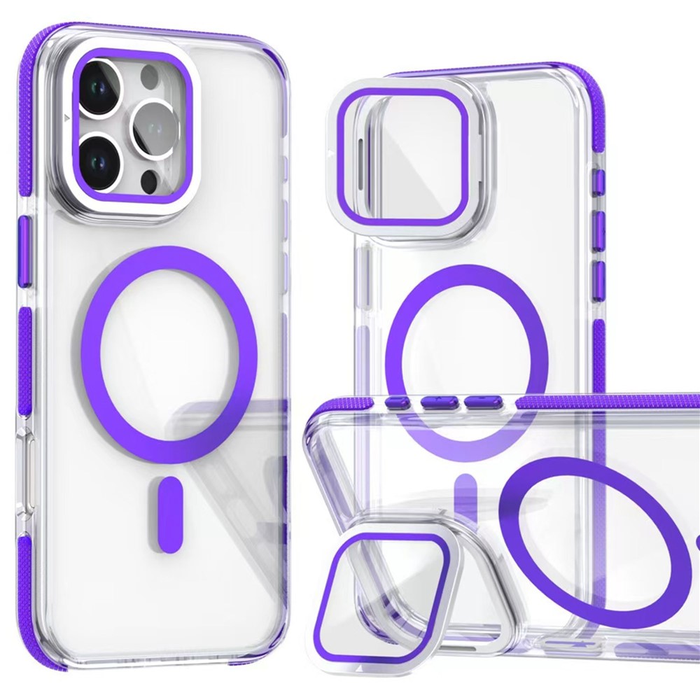 For iPhone 16 Pro Max Case Compatible with MagSafe TPU Acrylic Clear Phone Cover with Lens Cover Kickstand - Purple