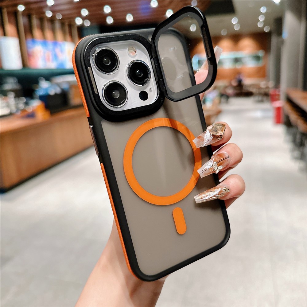 For iPhone 15 Pro Max Magnetic Case Skin-Touch TPU Acrylic Phone Back Cover with Lens Protector Kickstand - Orange