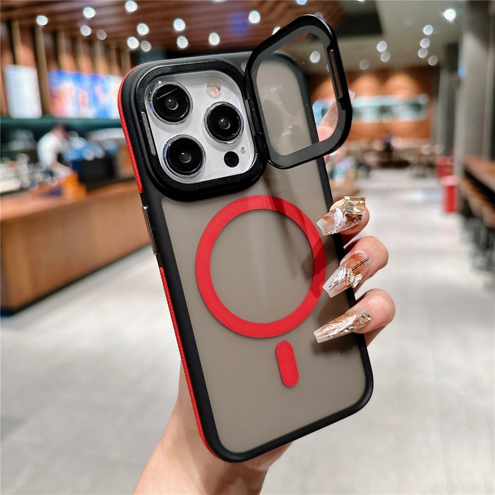 For iPhone 15 Pro Max Magnetic Case Skin-Touch TPU Acrylic Phone Back Cover with Lens Protector Kickstand - Red
