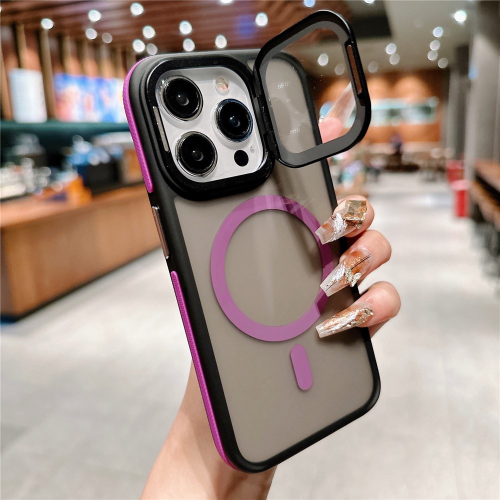 For iPhone 15 Pro Max Magnetic Case Skin-Touch TPU Acrylic Phone Back Cover with Lens Protector Kickstand - Purple