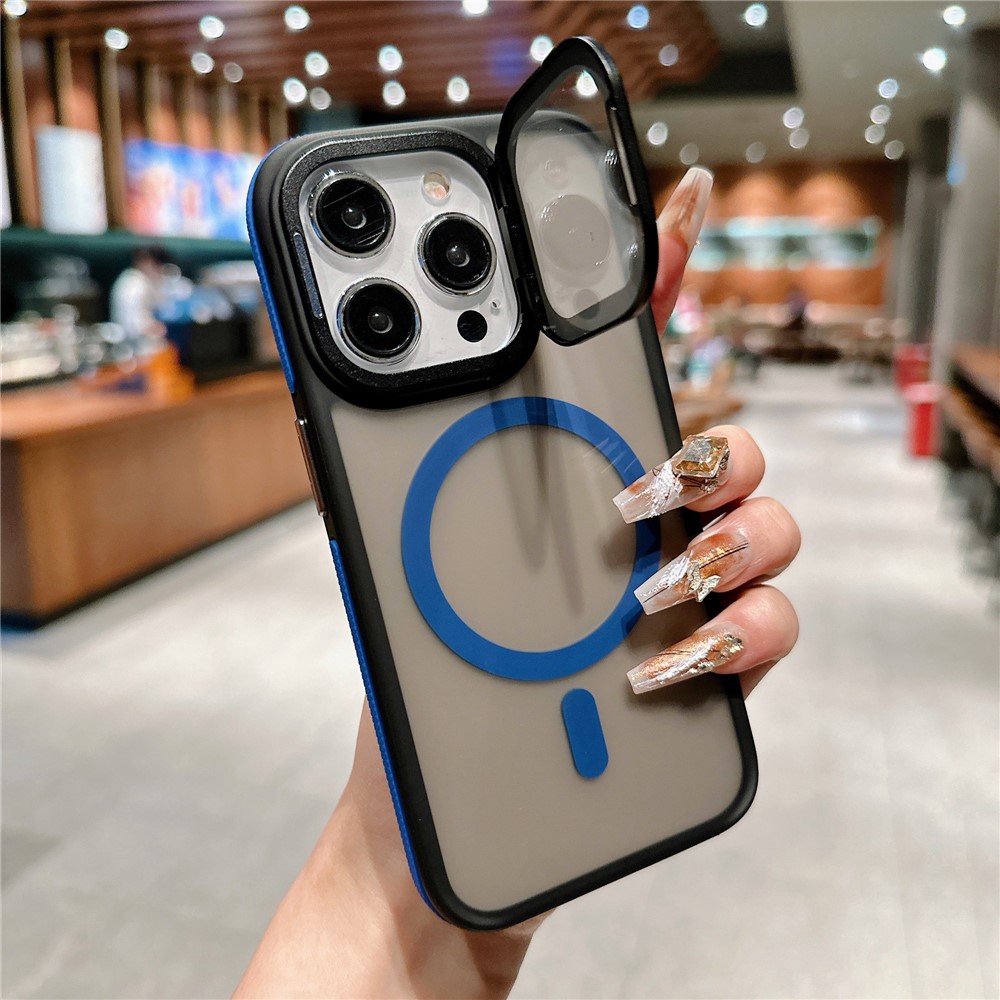 For iPhone 15 Pro Max Magnetic Case Skin-Touch TPU Acrylic Phone Back Cover with Lens Protector Kickstand - Blue