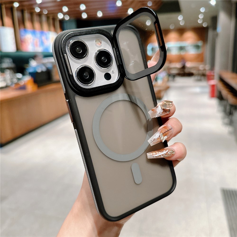 For iPhone 15 Pro Max Magnetic Case Skin-Touch TPU Acrylic Phone Back Cover with Lens Protector Kickstand - Grey