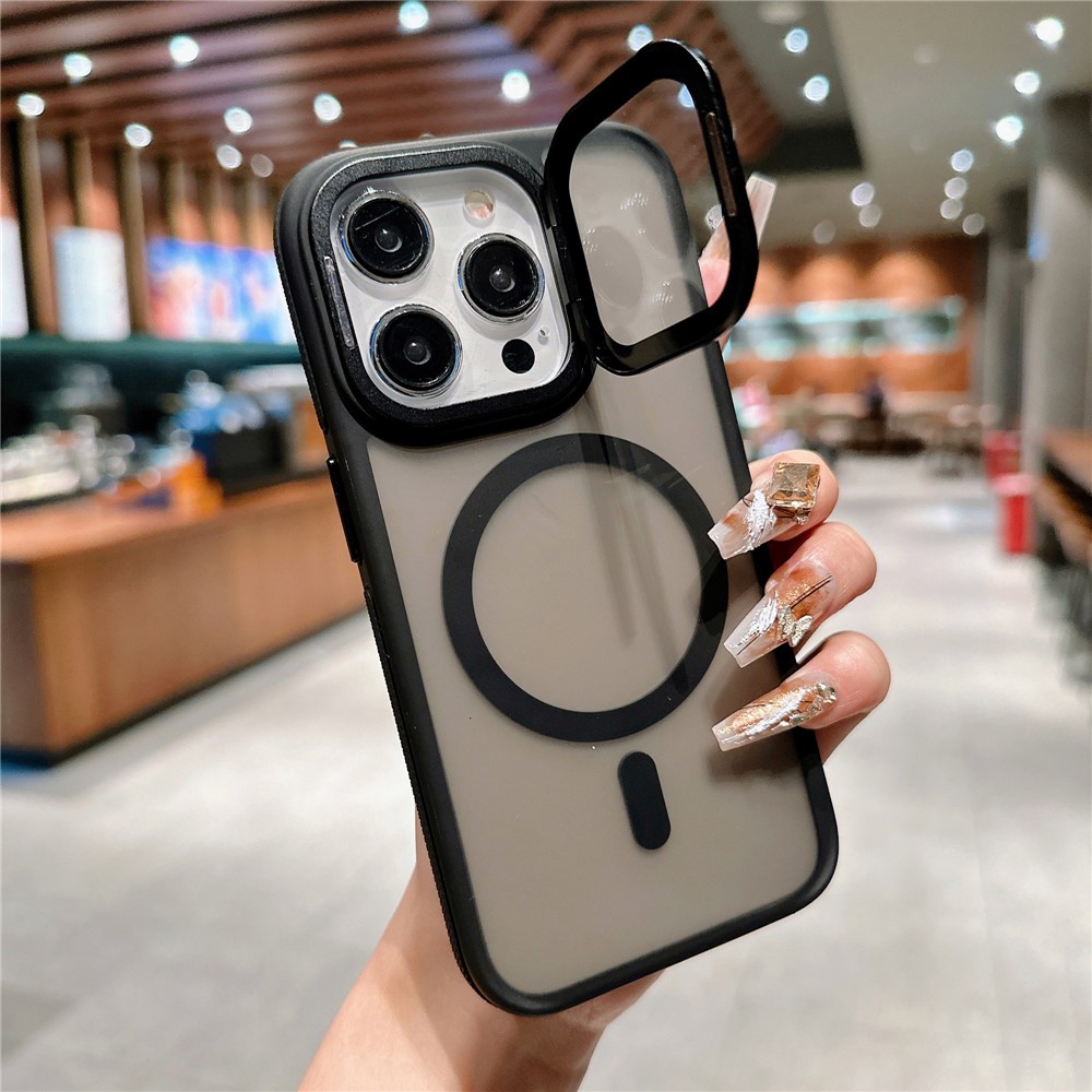 For iPhone 15 Pro Magnetic Case Skin-Touch TPU Acrylic Phone Back Cover with Lens Protector Kickstand - Black