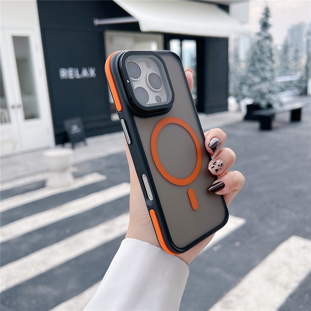 For iPhone 16 Pro Max Magnetic Case Skin-Touch TPU Acrylic Phone Back Cover with Lens Protector Kickstand - Orange