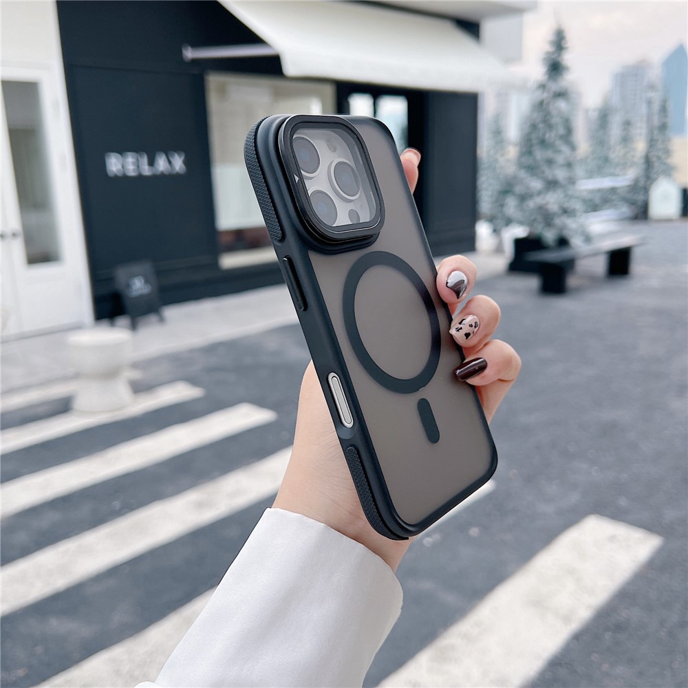 For iPhone 16 Pro Max Magnetic Case Skin-Touch TPU Acrylic Phone Back Cover with Lens Protector Kickstand - Black