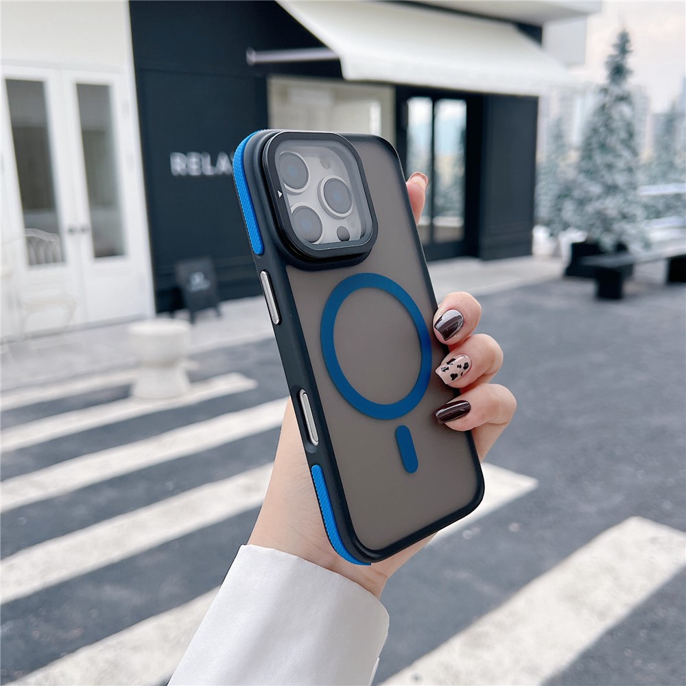 For iPhone 16 Pro Max Magnetic Case Skin-Touch TPU Acrylic Phone Back Cover with Lens Protector Kickstand - Blue