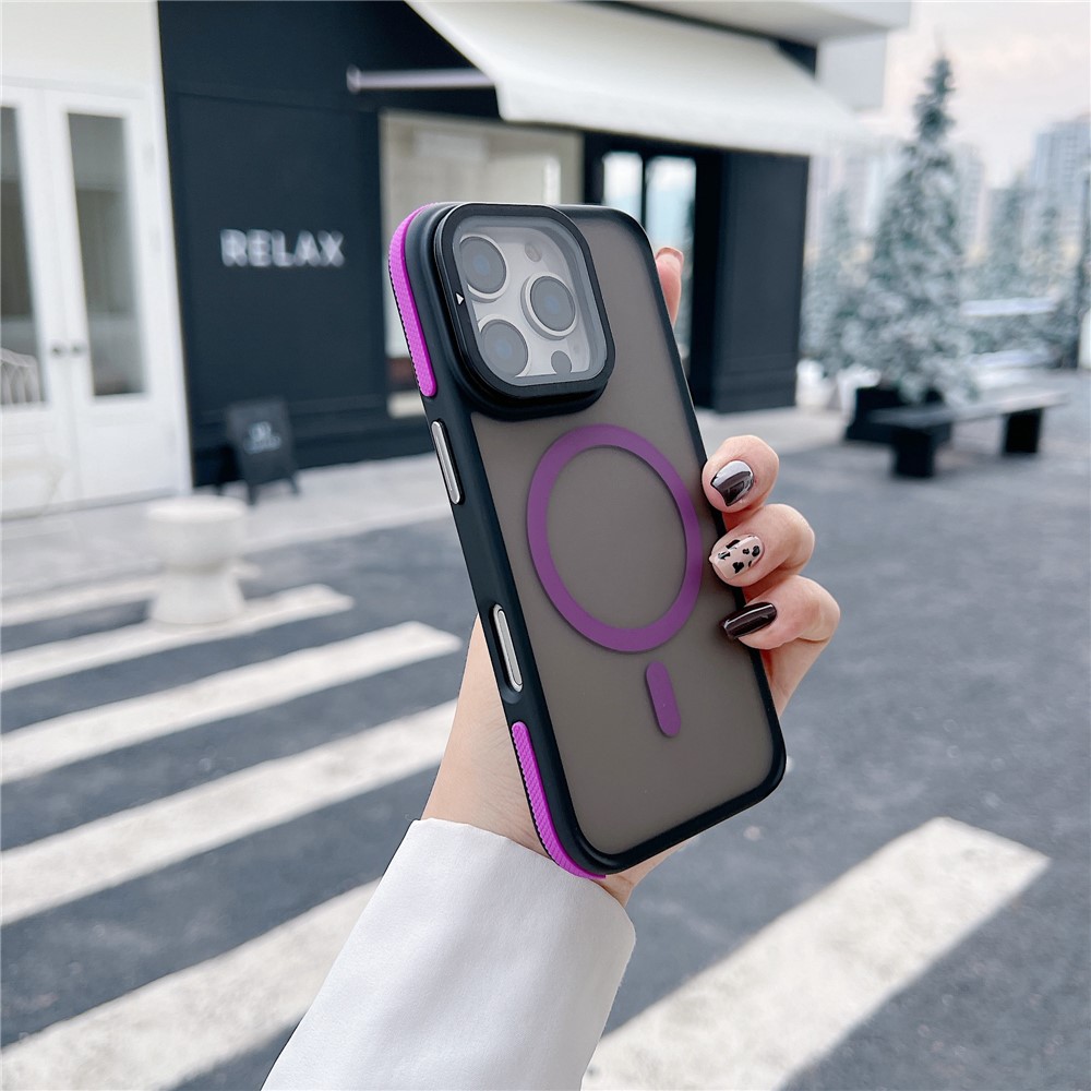 For iPhone 16 Pro Max Magnetic Case Skin-Touch TPU Acrylic Phone Back Cover with Lens Protector Kickstand - Purple