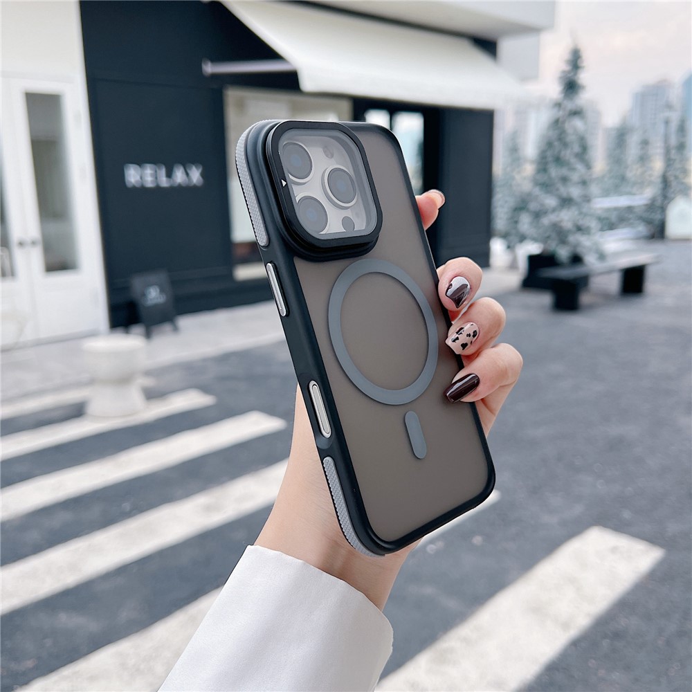 For iPhone 16 Pro Max Magnetic Case Skin-Touch TPU Acrylic Phone Back Cover with Lens Protector Kickstand - Grey