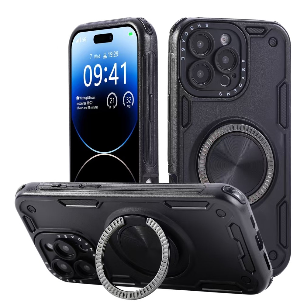 For iPhone 16 Pro Max Case Ring Kickstand PC + TPU Shockproof Phone Back Cover - Black
