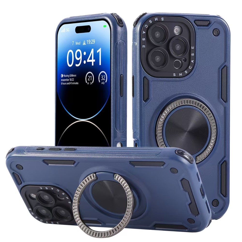 For iPhone 16 Pro Max Case Ring Kickstand PC + TPU Shockproof Phone Back Cover - Blue