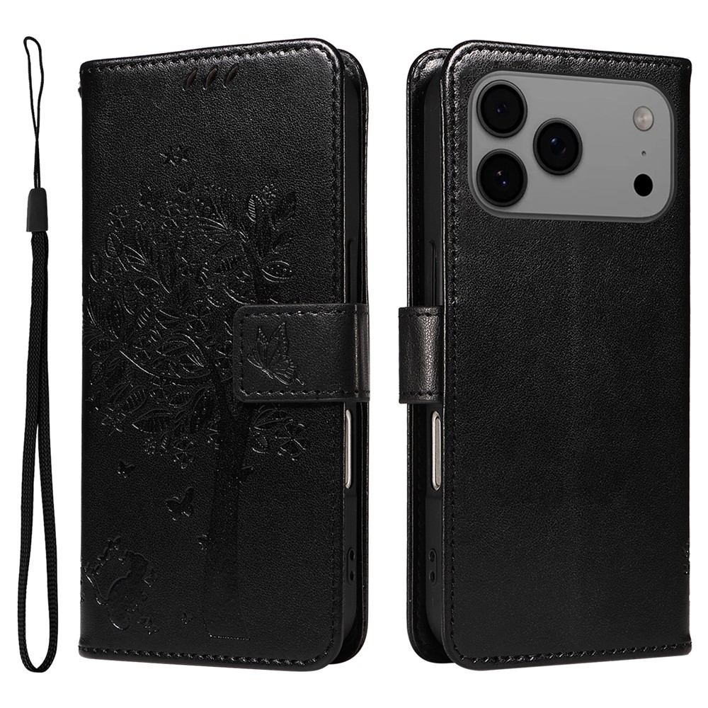 For iPhone 17 Pro Max Phone Case with Stand Cat Tree Pattern Leather Wallet Mobile Cover -  Black