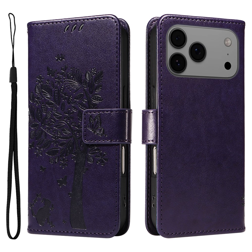 For iPhone 17 Pro Max Phone Case with Stand Cat Tree Pattern Leather Wallet Mobile Cover - Purple