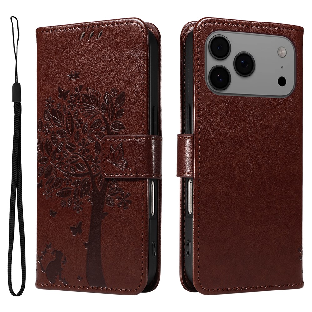 For iPhone 17 Pro Max Phone Case with Stand Cat Tree Pattern Leather Wallet Mobile Cover - Coffee