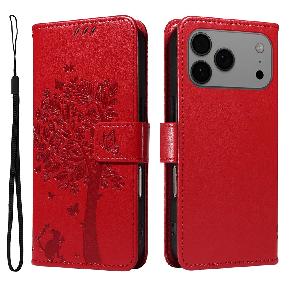 For iPhone 17 Pro Max Phone Case with Stand Cat Tree Pattern Leather Wallet Mobile Cover - Red