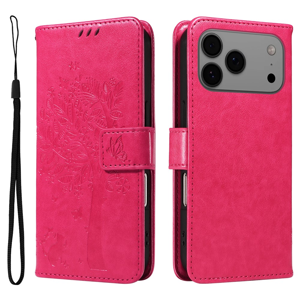 For iPhone 17 Pro Max Phone Case with Stand Cat Tree Pattern Leather Wallet Mobile Cover - Rose