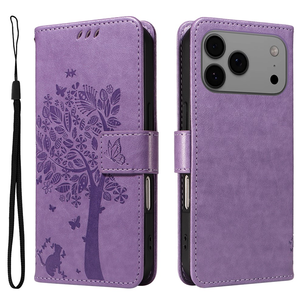 For iPhone 17 Pro Max Phone Case with Stand Cat Tree Pattern Leather Wallet Mobile Cover - Light Purple