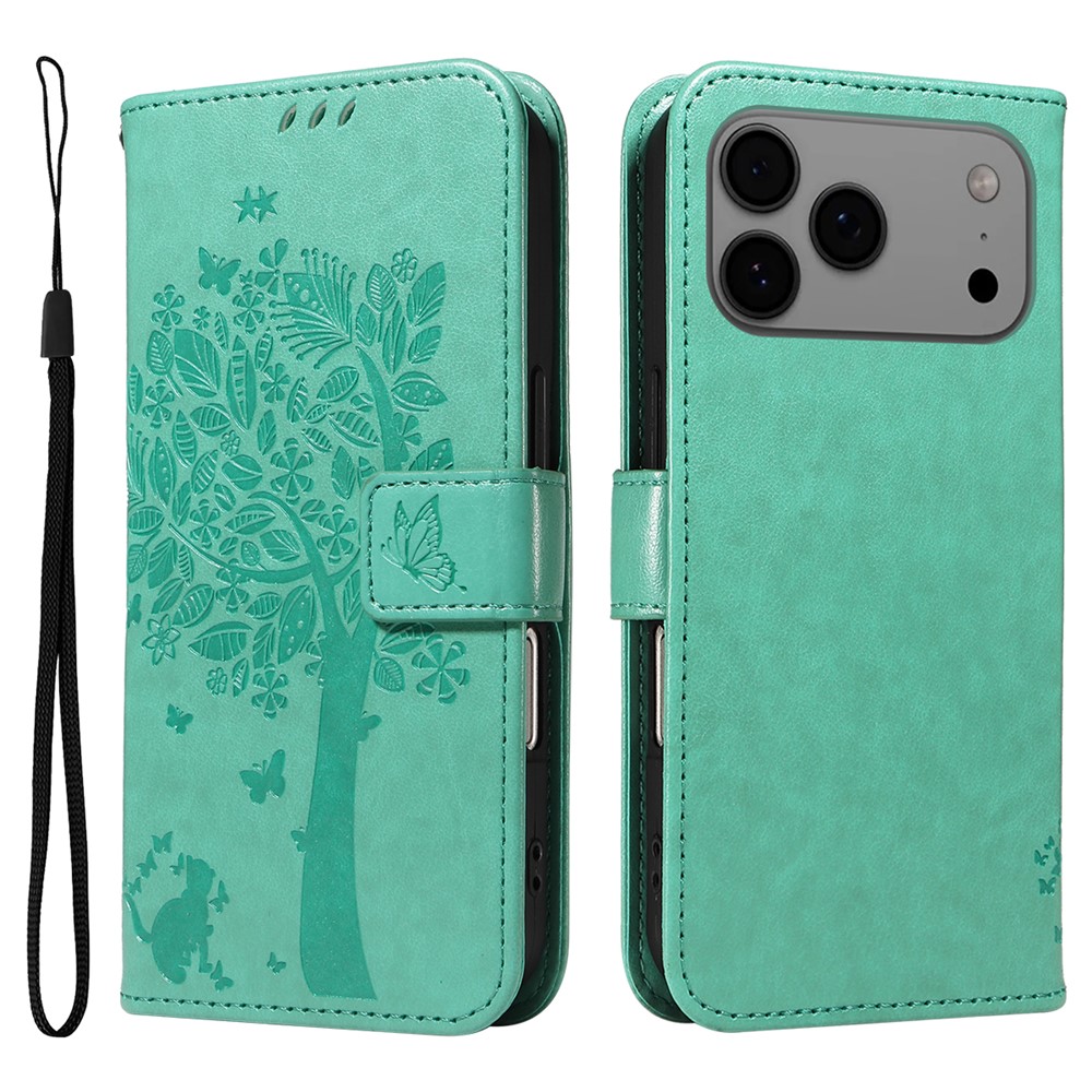 For iPhone 17 Pro Max Phone Case with Stand Cat Tree Pattern Leather Wallet Mobile Cover - Green