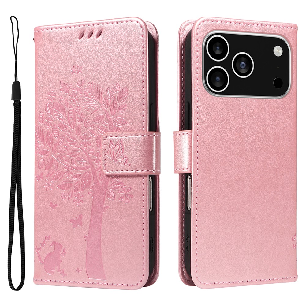 For iPhone 17 Pro Phone Case with Stand Cat Tree Pattern Leather Wallet Mobile Cover - Rose Gold