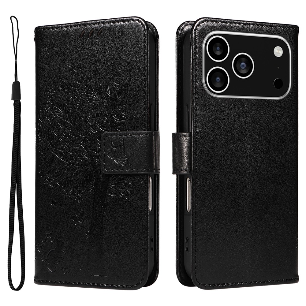 For iPhone 17 Pro Phone Case with Stand Cat Tree Pattern Leather Wallet Mobile Cover - Black