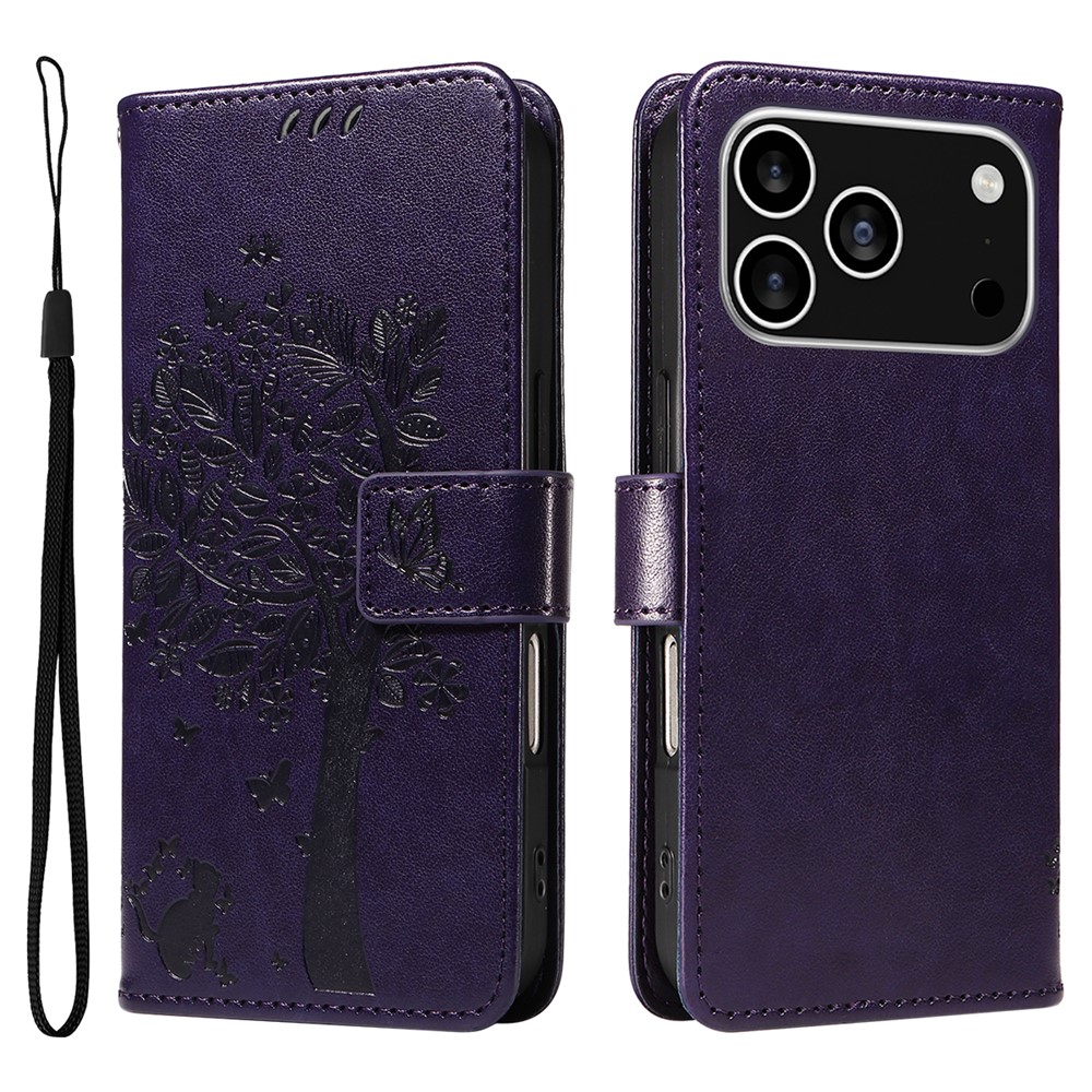 For iPhone 17 Pro Phone Case with Stand Cat Tree Pattern Leather Wallet Mobile Cover - Purple