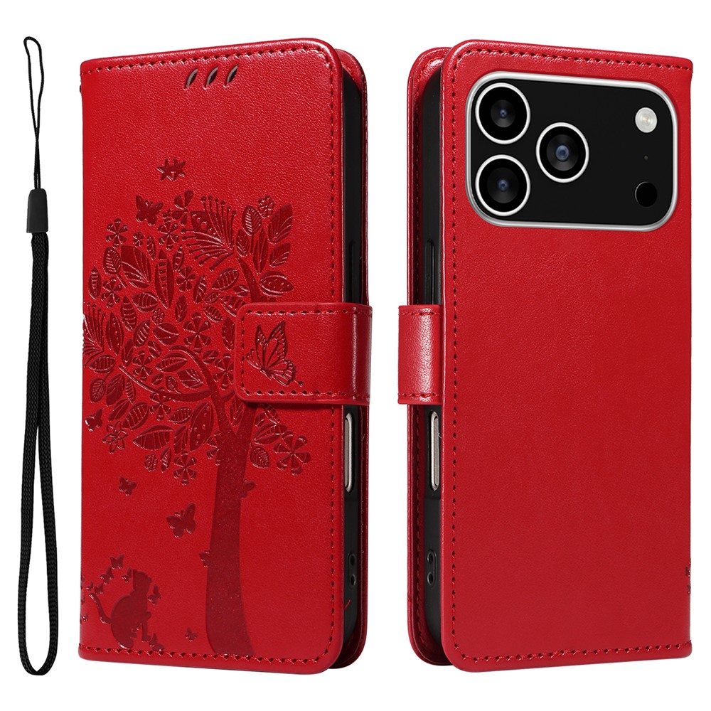 For iPhone 17 Pro Phone Case with Stand Cat Tree Pattern Leather Wallet Mobile Cover - Red