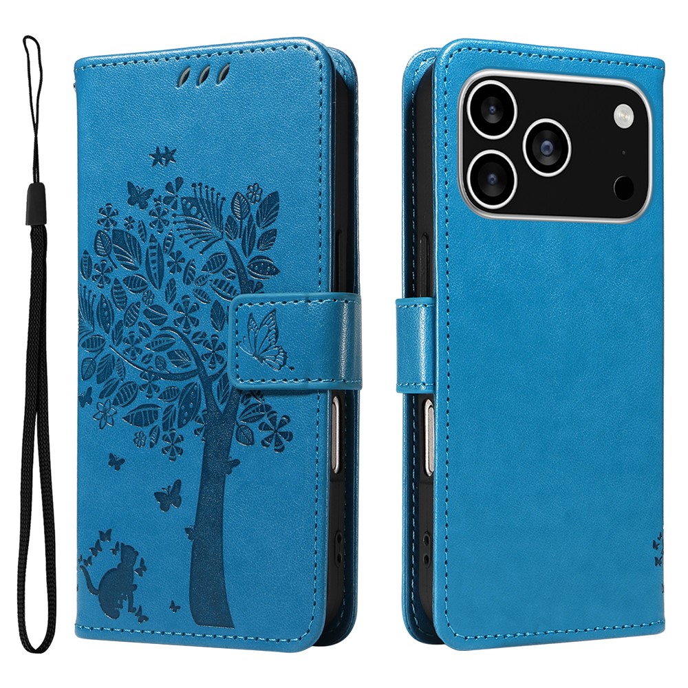 For iPhone 17 Pro Phone Case with Stand Cat Tree Pattern Leather Wallet Mobile Cover - Blue