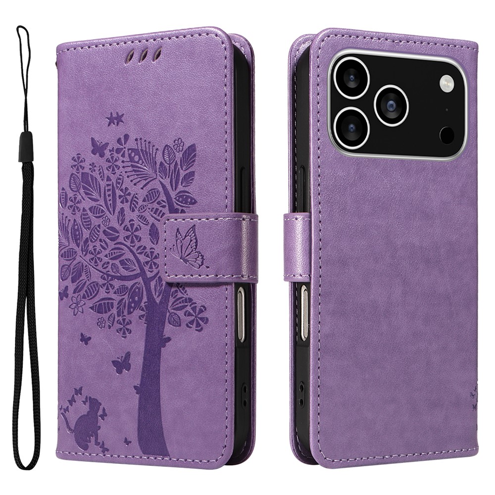For iPhone 17 Pro Phone Case with Stand Cat Tree Pattern Leather Wallet Mobile Cover -  Light Purple