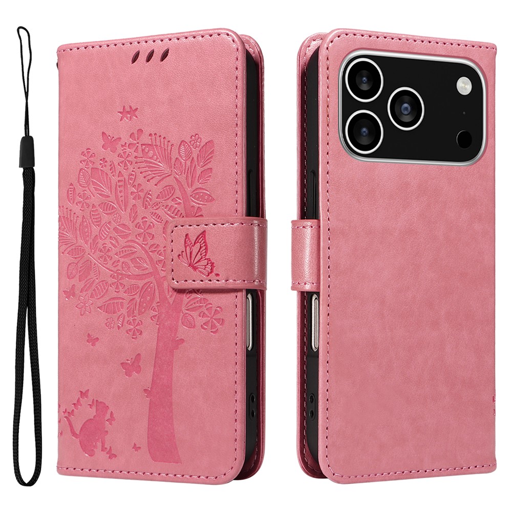 For iPhone 17 Pro Phone Case with Stand Cat Tree Pattern Leather Wallet Mobile Cover - Pink