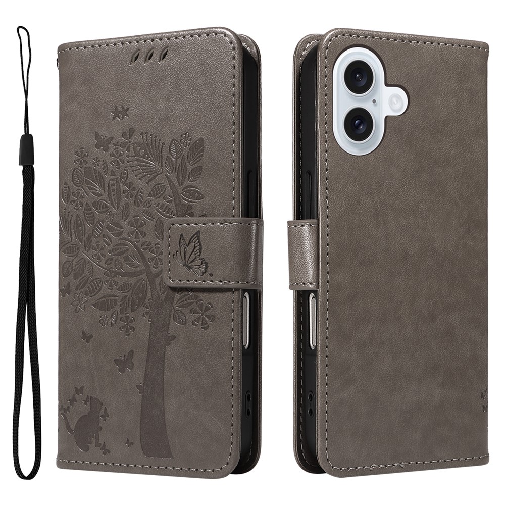 For iPhone 17 Phone Case with Stand Cat Tree Pattern Leather Wallet Mobile Cover - Grey