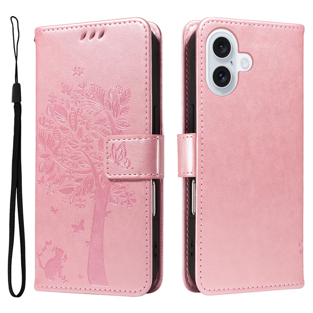 For iPhone 17 Phone Case with Stand Cat Tree Pattern Leather Wallet Mobile Cover - Rose Gold