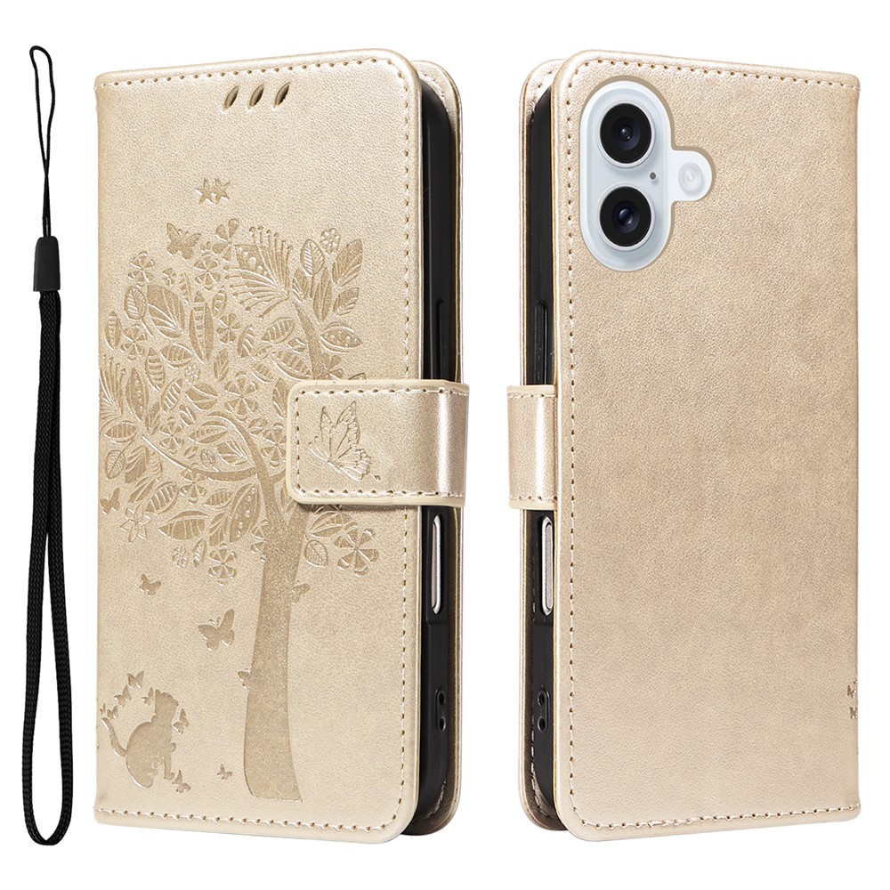 For iPhone 17 Phone Case with Stand Cat Tree Pattern Leather Wallet Mobile Cover - Gold