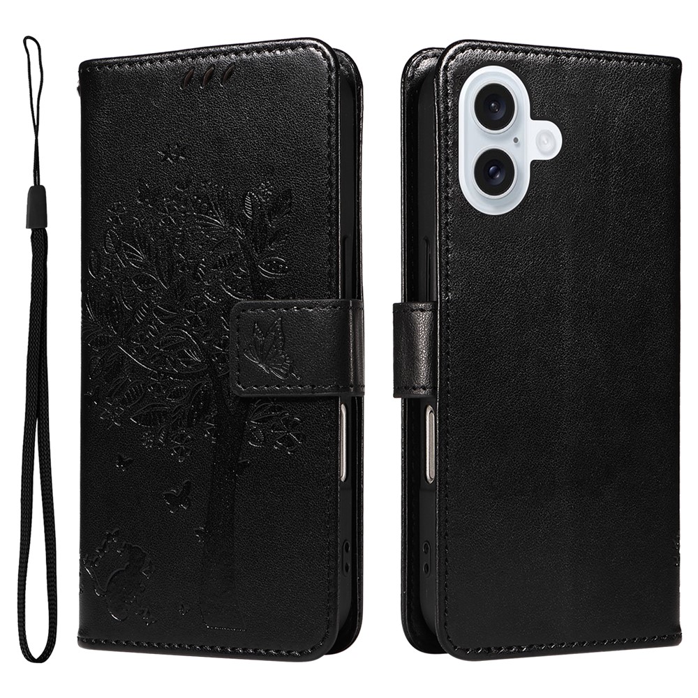 For iPhone 17 Phone Case with Stand Cat Tree Pattern Leather Wallet Mobile Cover -  Black