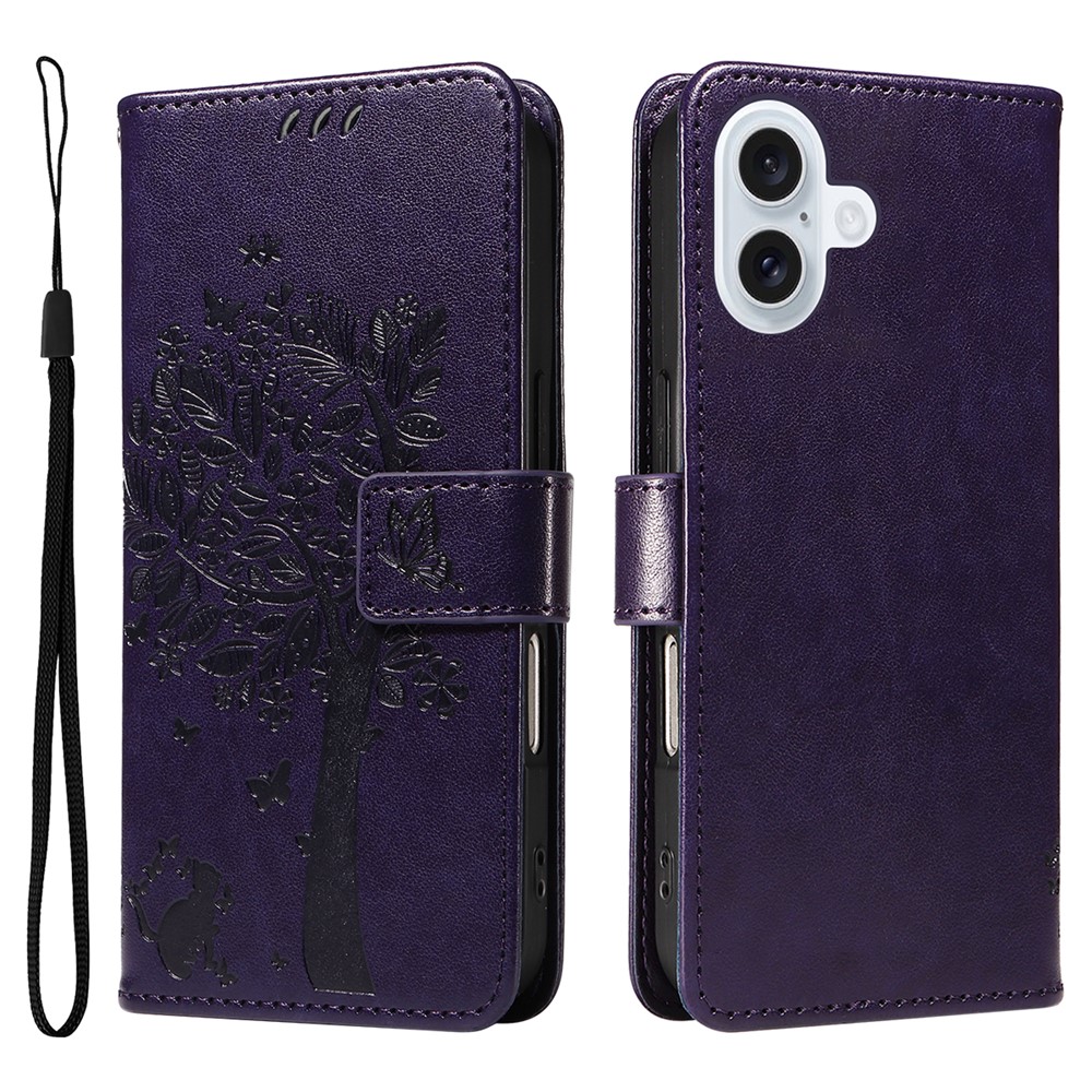 For iPhone 17 Phone Case with Stand Cat Tree Pattern Leather Wallet Mobile Cover - Purple