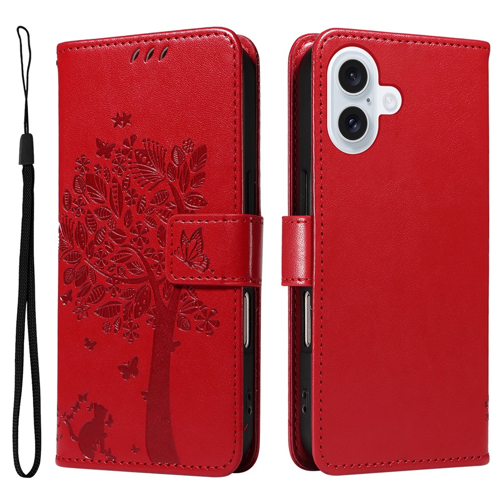 For iPhone 17 Phone Case with Stand Cat Tree Pattern Leather Wallet Mobile Cover - Red