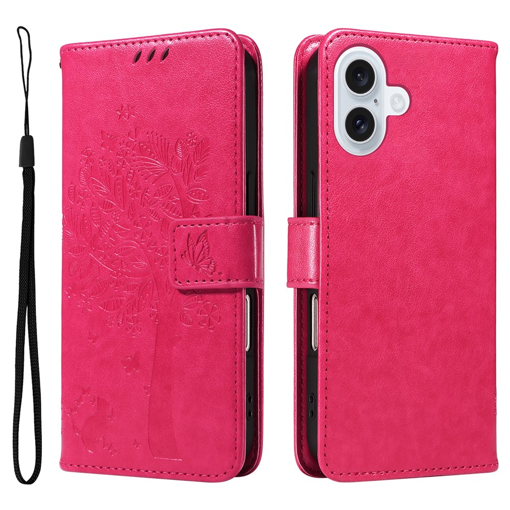For iPhone 17 Phone Case with Stand Cat Tree Pattern Leather Wallet Mobile Cover - Rose
