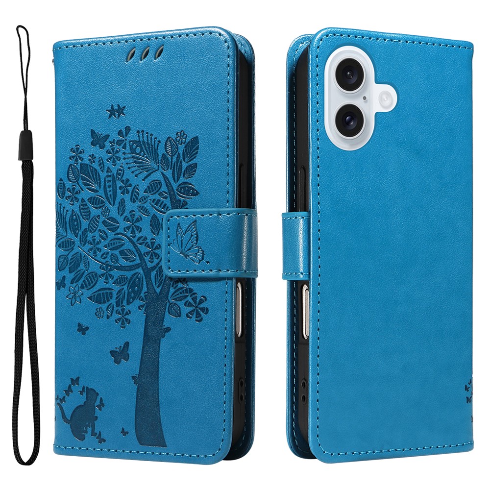 For iPhone 17 Phone Case with Stand Cat Tree Pattern Leather Wallet Mobile Cover - Blue