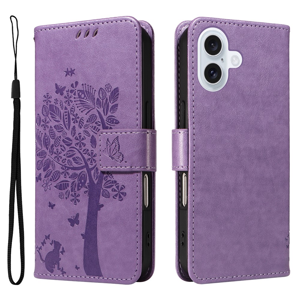 For iPhone 17 Phone Case with Stand Cat Tree Pattern Leather Wallet Mobile Cover - Light Purple