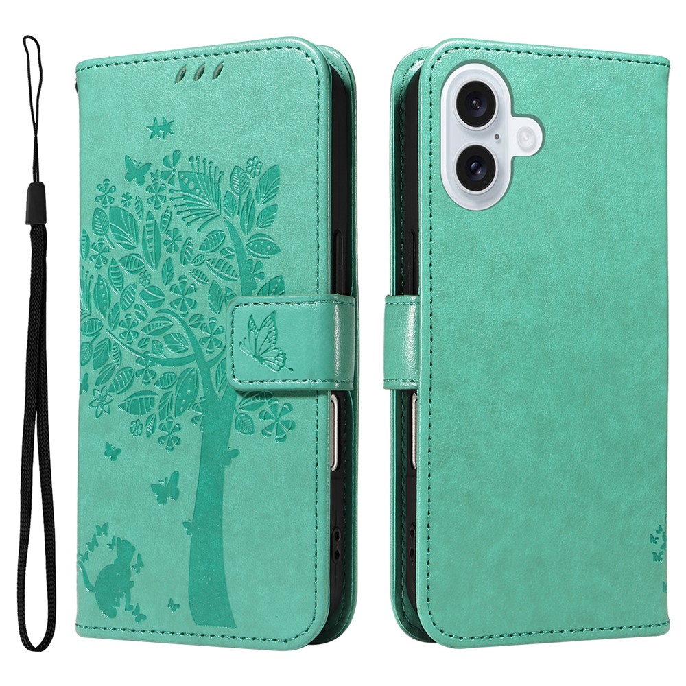 For iPhone 17 Phone Case with Stand Cat Tree Pattern Leather Wallet Mobile Cover - Green