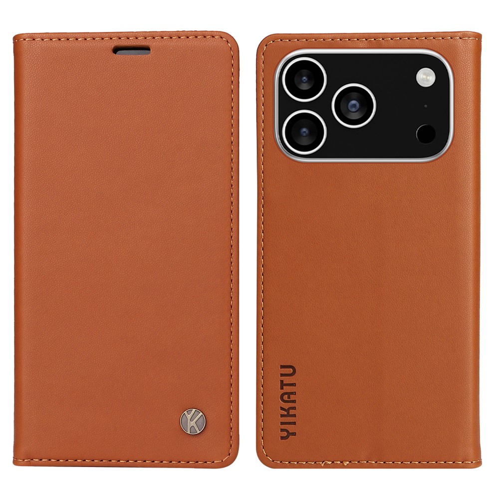 For iPhone 17 Pro Phone Cases YIKATU Magnetic Closure PU Leather Mobile Cover - Brown
