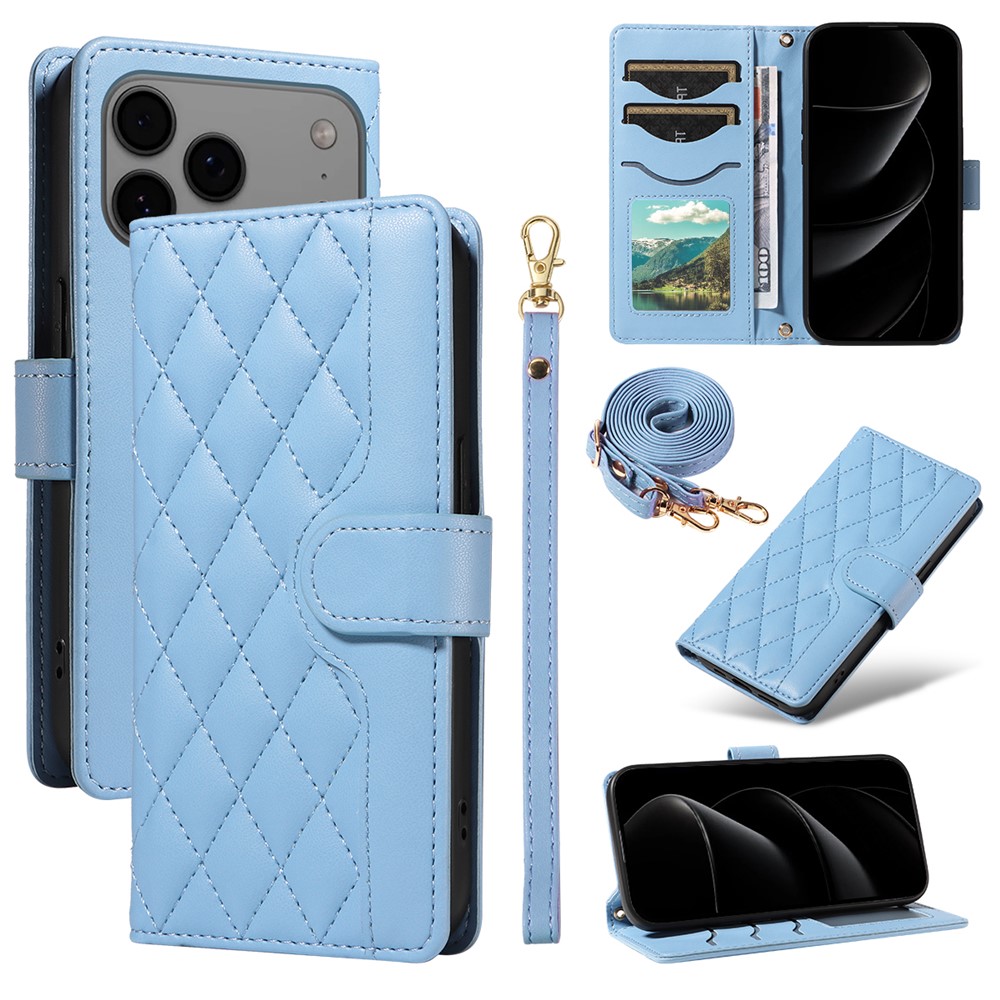 For iPhone 17 Pro Max Wallet Case Rhombus Leather Phone Cover with Strap - Blue