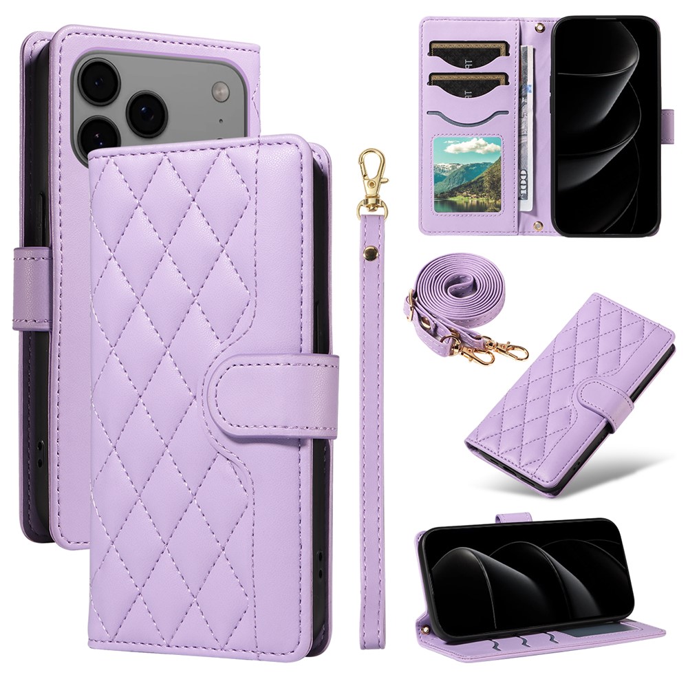 For iPhone 17 Pro Max Wallet Case Rhombus Leather Phone Cover with Strap -  Light Purple