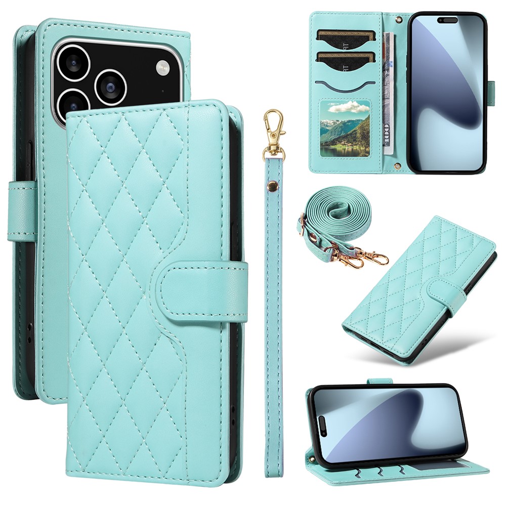 For iPhone 17 Pro Wallet Case Rhombus Leather Phone Cover with Strap - Green
