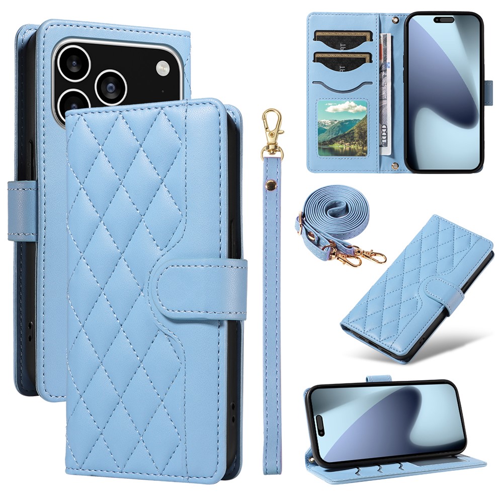 For iPhone 17 Pro Wallet Case Rhombus Leather Phone Cover with Strap - Blue