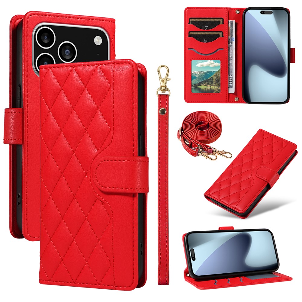 For iPhone 17 Pro Wallet Case Rhombus Leather Phone Cover with Strap -  Red