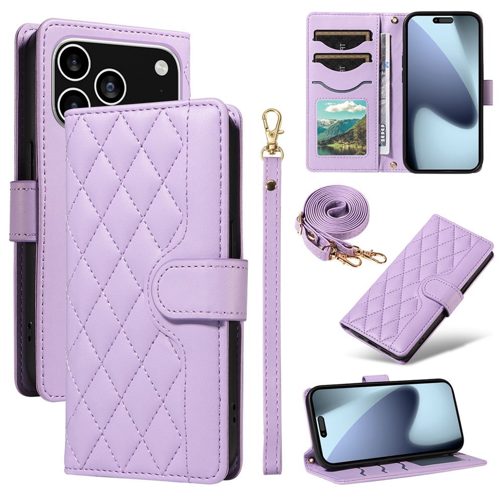 For iPhone 17 Pro Wallet Case Rhombus Leather Phone Cover with Strap -  Light Purple
