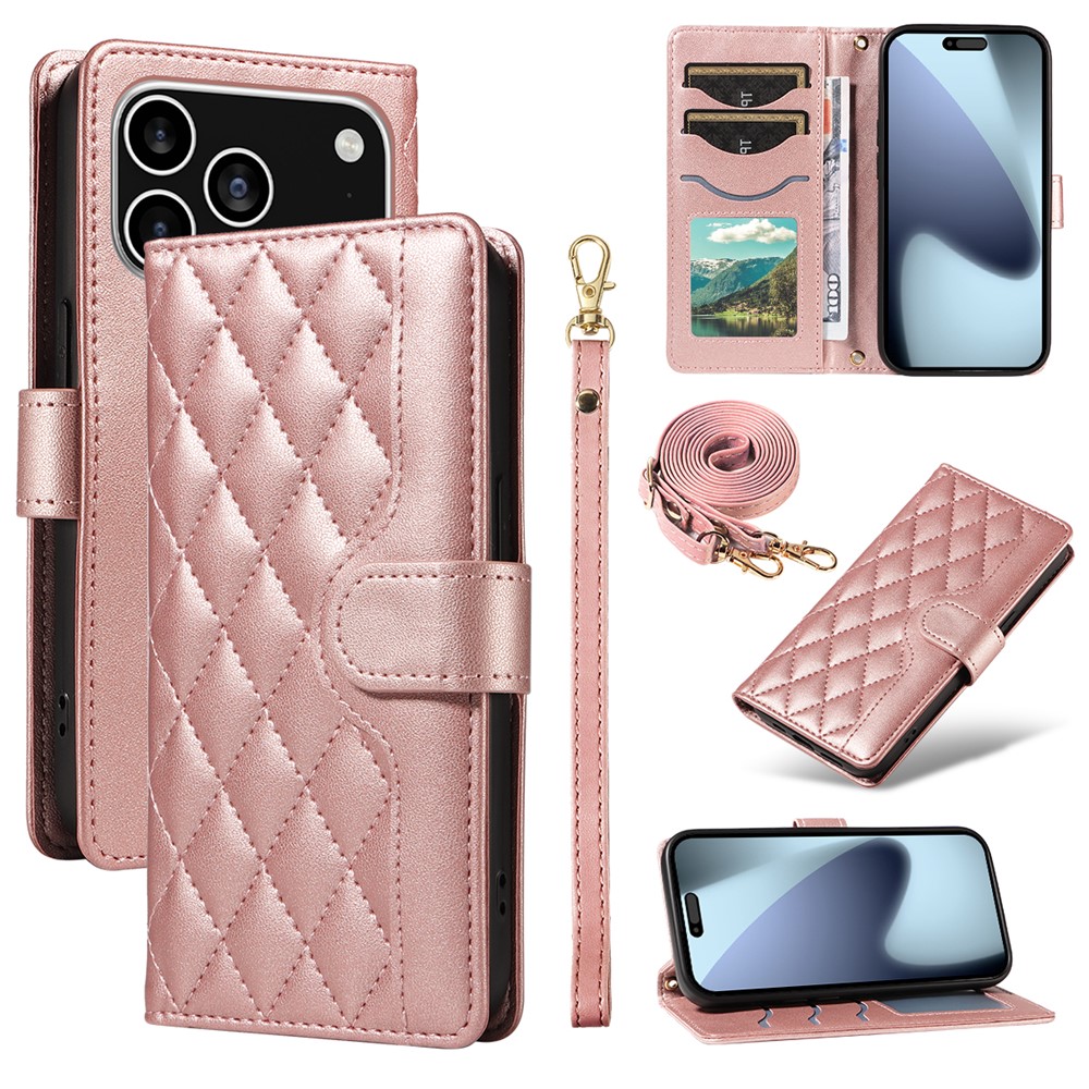 For iPhone 17 Pro Wallet Case Rhombus Leather Phone Cover with Strap - Rose Gold