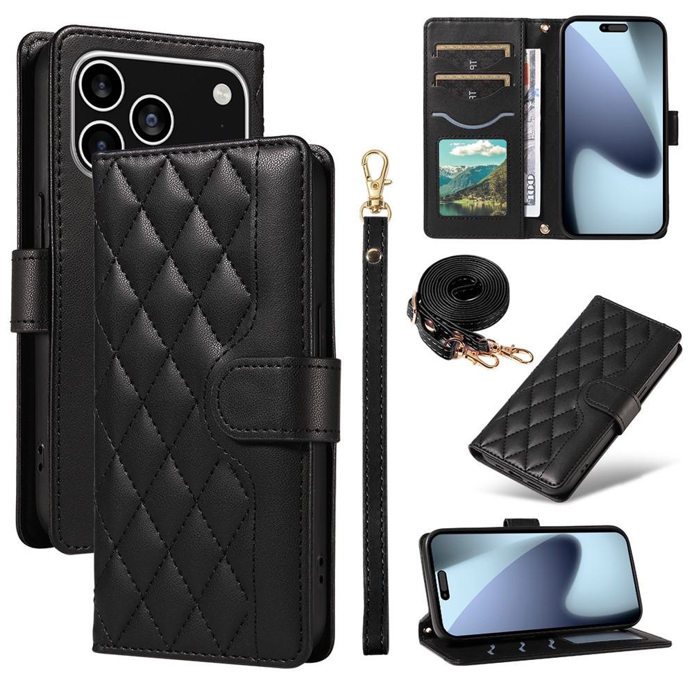 For iPhone 17 Pro Wallet Case Rhombus Leather Phone Cover with Strap - Black