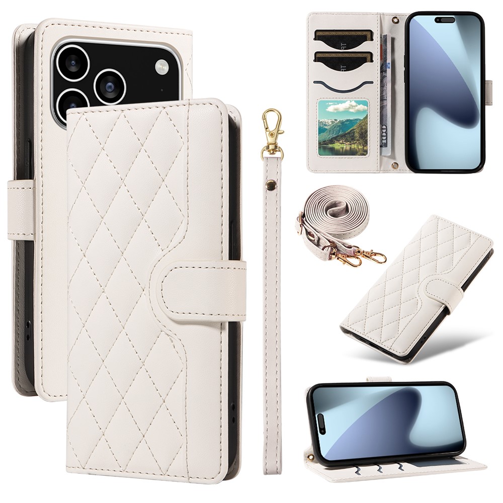For iPhone 17 Pro Wallet Case Rhombus Leather Phone Cover with Strap - White