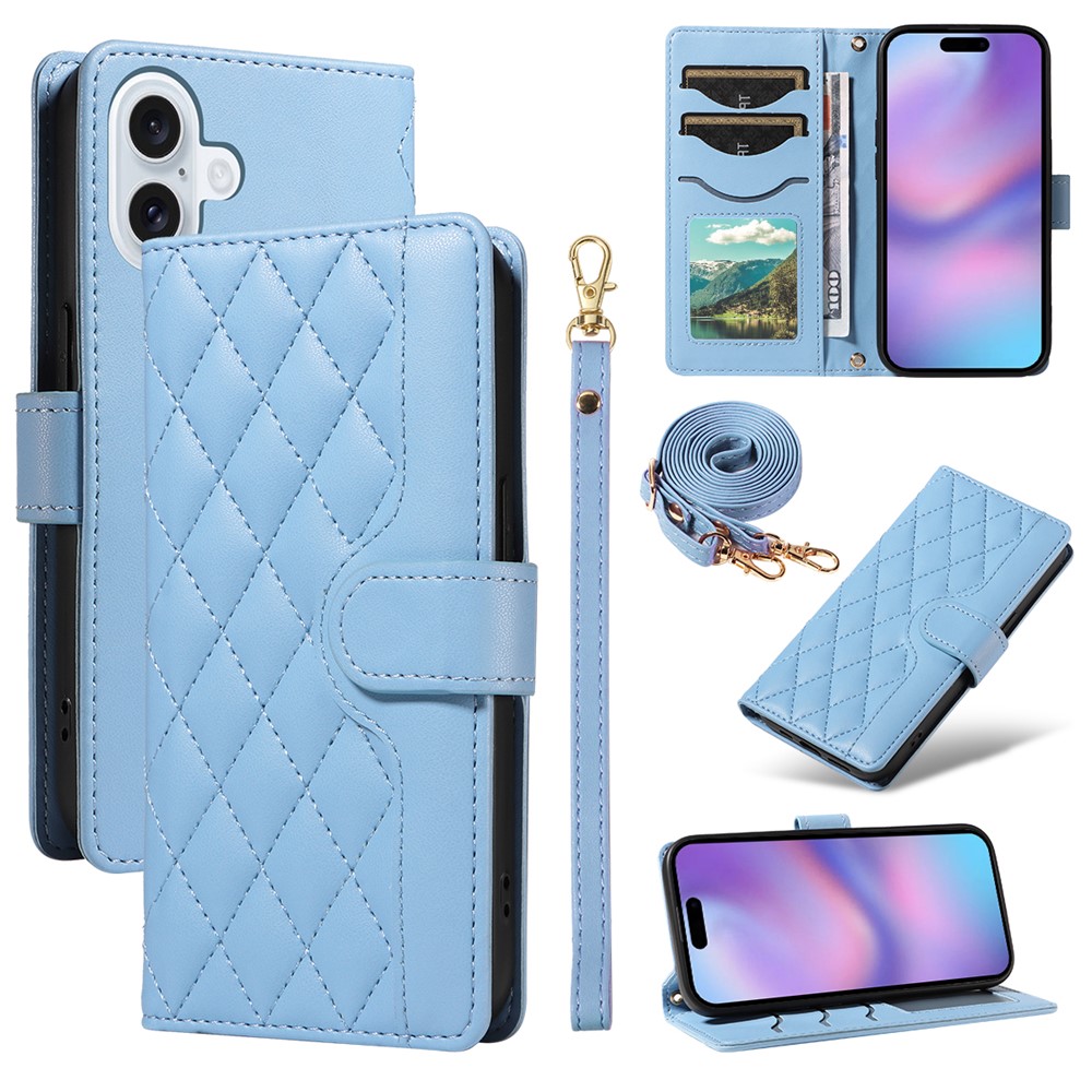 For iPhone 17 Wallet Case Rhombus Leather Phone Cover with Strap - Blue